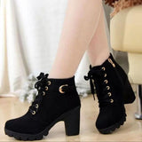2019 New Autumn Winter Women Boots High Quality Solid Lace-up European Ladies shoes PU Fashion high heels Boots 35-43