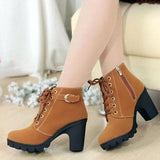 2019 New Autumn Winter Women Boots High Quality Solid Lace-up European Ladies shoes PU Fashion high heels Boots 35-43