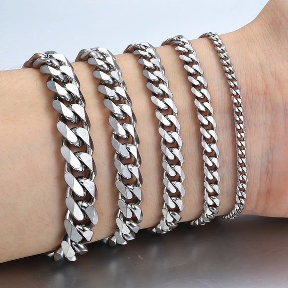 3-11mm Men's Bracelets Silver Stainless Steel Curb Cuban Link Chain Bracelets For Men Women Wholesale Jewelry Gift 7-10