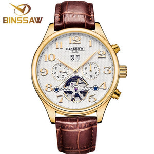 BINSSAW Men Original Luxury Brand Tourbillon Automatic Mechanical Watches Fashion Leather Watch Business Gifts Relogio Masculino