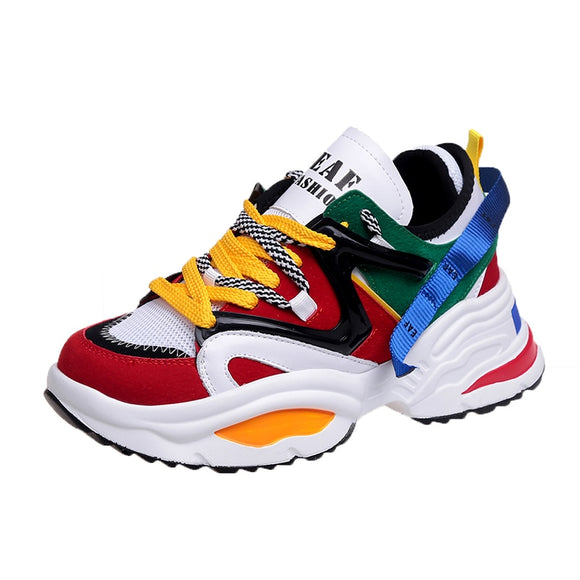 Fashion 2019 Harajuku Women Casual Shoes Lace-Up Leather Dad Chunky Sneakers Flat Thick Sole Tenis Wedge White Basket Walking