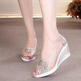Fish mouth wedge sandals 2018 summer new women's shoes rhinestones OL hollow net shoes