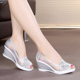 Fish mouth wedge sandals 2018 summer new women's shoes rhinestones OL hollow net shoes