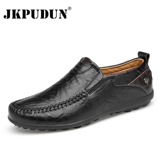 JKPUDUN Handmade Genuine Leather Men Casual Shoes Luxury Brand 2018 Mens Loafers Moccasins Winter Slip on Black Formal Shoes