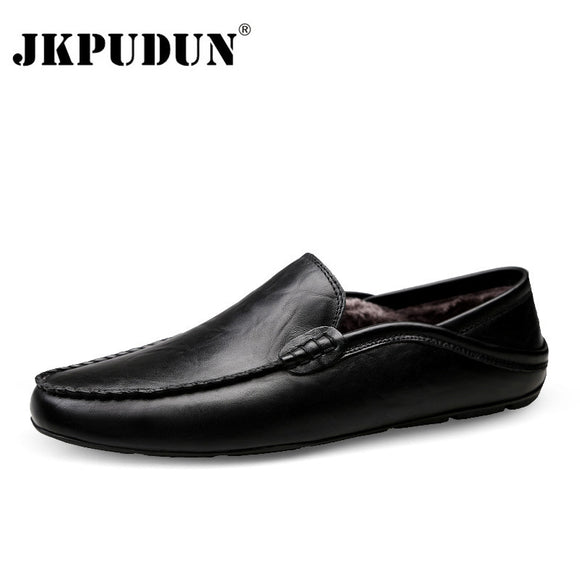 JKPUDUN Italian Mens Shoes Casual Luxury Brand Winter Warm Men Loafers Genuine Leather Moccasins Breathable Slip on Boat Shoes