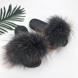 Real Raccoon Fur Slippers Women 2018 Sliders Casual Fox Hair Flat Fluffy Fashion Home Summer Big Size 45 Furry Flip Flops Shoes