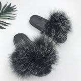 Real Raccoon Fur Slippers Women 2018 Sliders Casual Fox Hair Flat Fluffy Fashion Home Summer Big Size 45 Furry Flip Flops Shoes