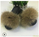 Real Raccoon Fur Slippers Women 2018 Sliders Casual Fox Hair Flat Fluffy Fashion Home Summer Big Size 45 Furry Flip Flops Shoes