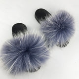 Real Raccoon Fur Slippers Women 2018 Sliders Casual Fox Hair Flat Fluffy Fashion Home Summer Big Size 45 Furry Flip Flops Shoes
