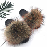 Real Raccoon Fur Slippers Women 2018 Sliders Casual Fox Hair Flat Fluffy Fashion Home Summer Big Size 45 Furry Flip Flops Shoes