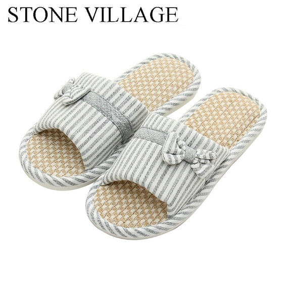 STONE VILLAGE Summer Striped Butterfly-Knot Cotton Flax Slippers Lovers Men Women Slippers Indoor Home Slippers Shoes Women