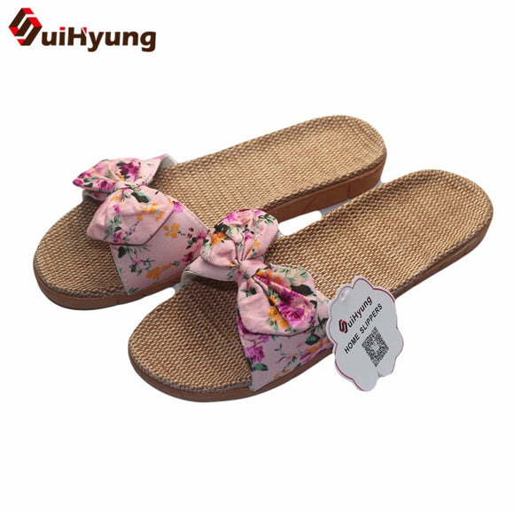 Suihyung New Women Summer Beach Slippers Breathable Linen Flip Flops Female Casual Flat Flax Sandals Floral Bow Indoor Shoes