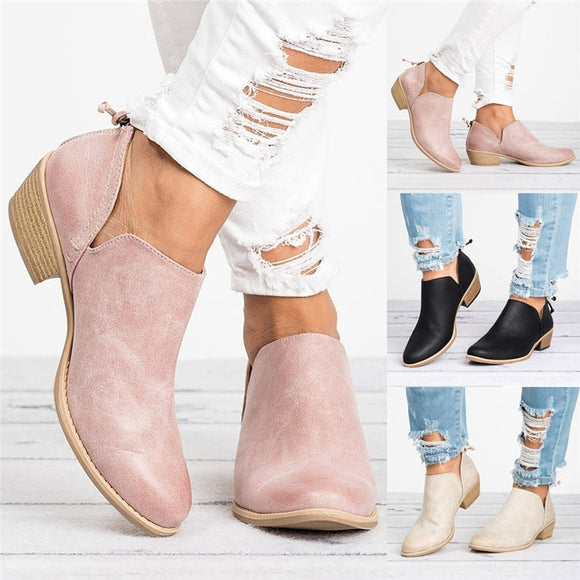 Women Shoes Fashion Ankle Solid Leather Martin Boots Short Boots Pointed solid Martin boots single shoes Autumn